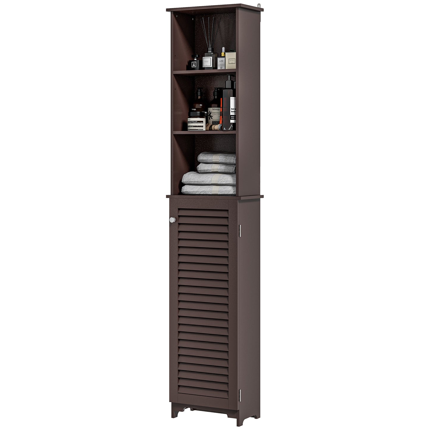 HOMCOM Tall Bathroom Storage Cabinet, Freestanding Linen Tower with 3-Tier Open Adjustable Shelf, White