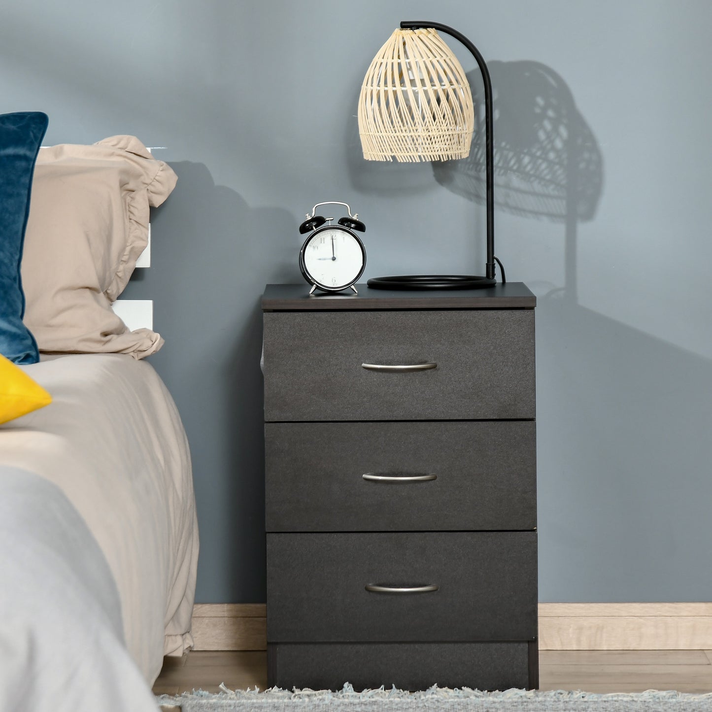 HOMCOM Bedside Table, Modern Night Stand with 3 Drawers and Metal Rail for Bedroom, Dark Brown