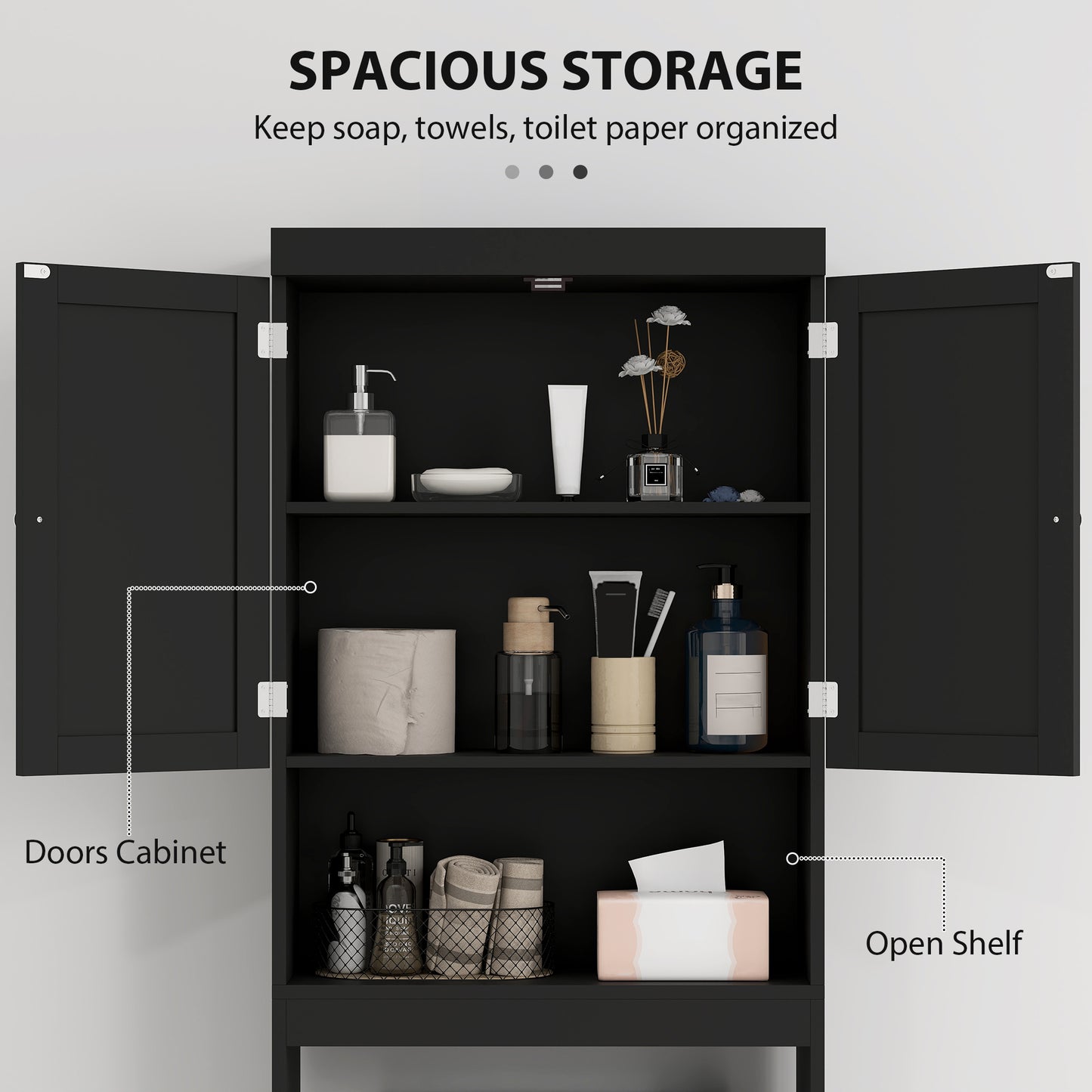 HOMCOM Over The Toilet Cabinet, Modern Bathroom Above Toilet Storage with Barn Doors and Open Shelf, Black