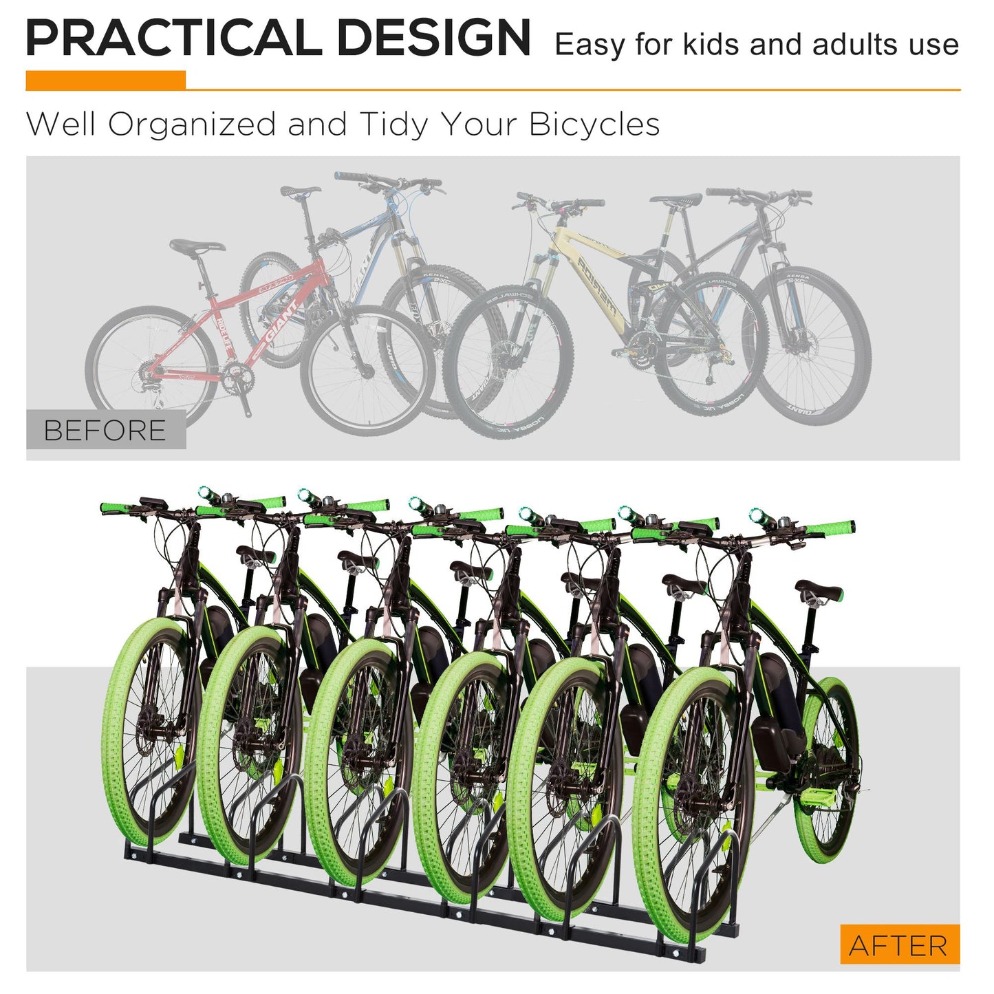 HOMCOM 6-Bike Bicycle Floor Parking Rack Cycling Storage Stand Ground Mount Garage Organizer for Indoor and Outdoor Use Black
