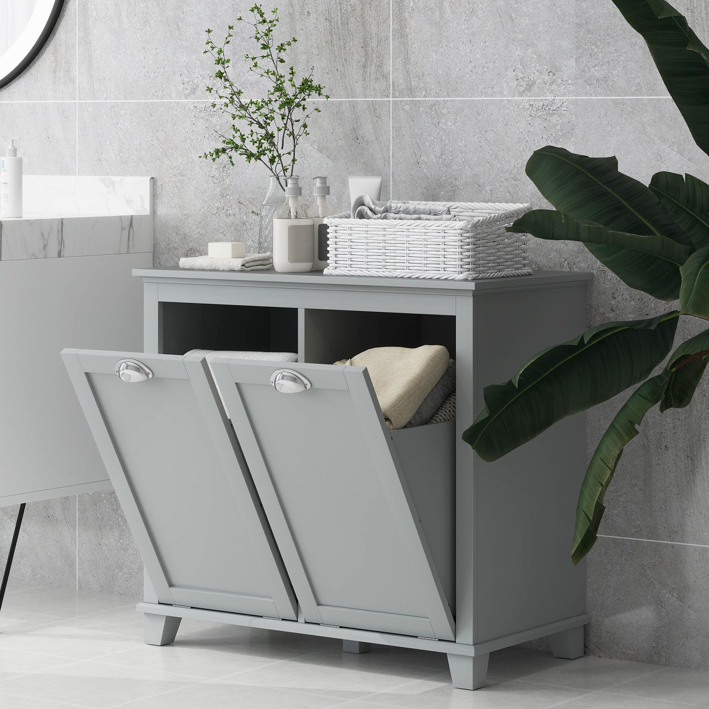 HOMCOM Tilt-Out Laundry Storage Cabinet, Bathroom Storage Organizer with Two-Compartment Tilt Out Hamper, White