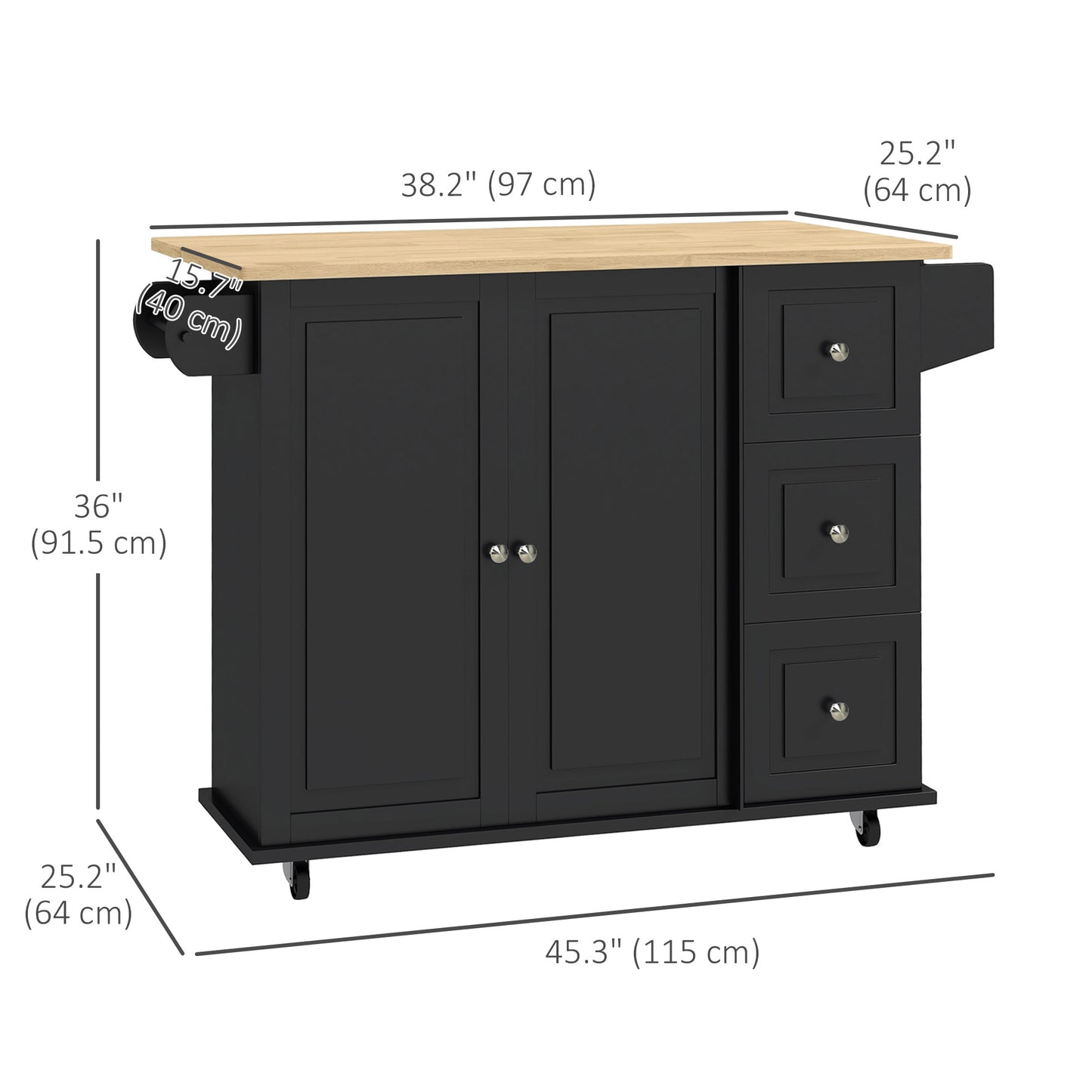 HOMCOM Kitchen Island with Drop Leaf, Rolling Kitchen Cart on Wheels with 3 Drawers, Cabinet, Natural Wood Top, Spice Rack and Towel Rack, White