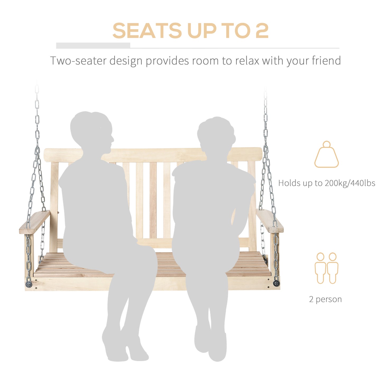 Outsunny 2 Person Wooden Porch Swing, Patio Swing Chair with Hanging Chains, Slatted Back & Seat, Outdoor Swing Bench for Garden, Backyard, Deck, Natural