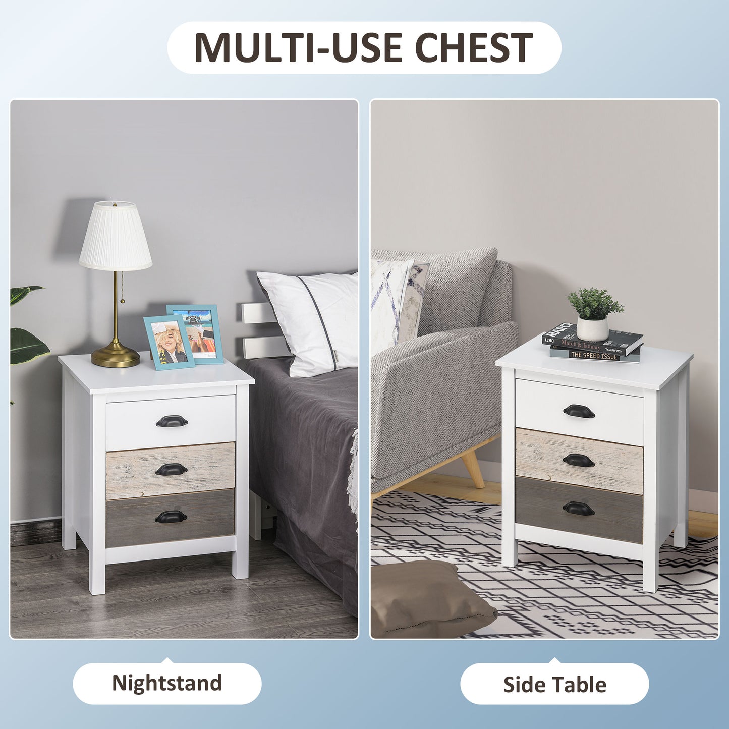 HOMCOM Accent Table Storage Cabinet with 3 Drawers Wooden Bedside Table Night Stand, Home Furniture
