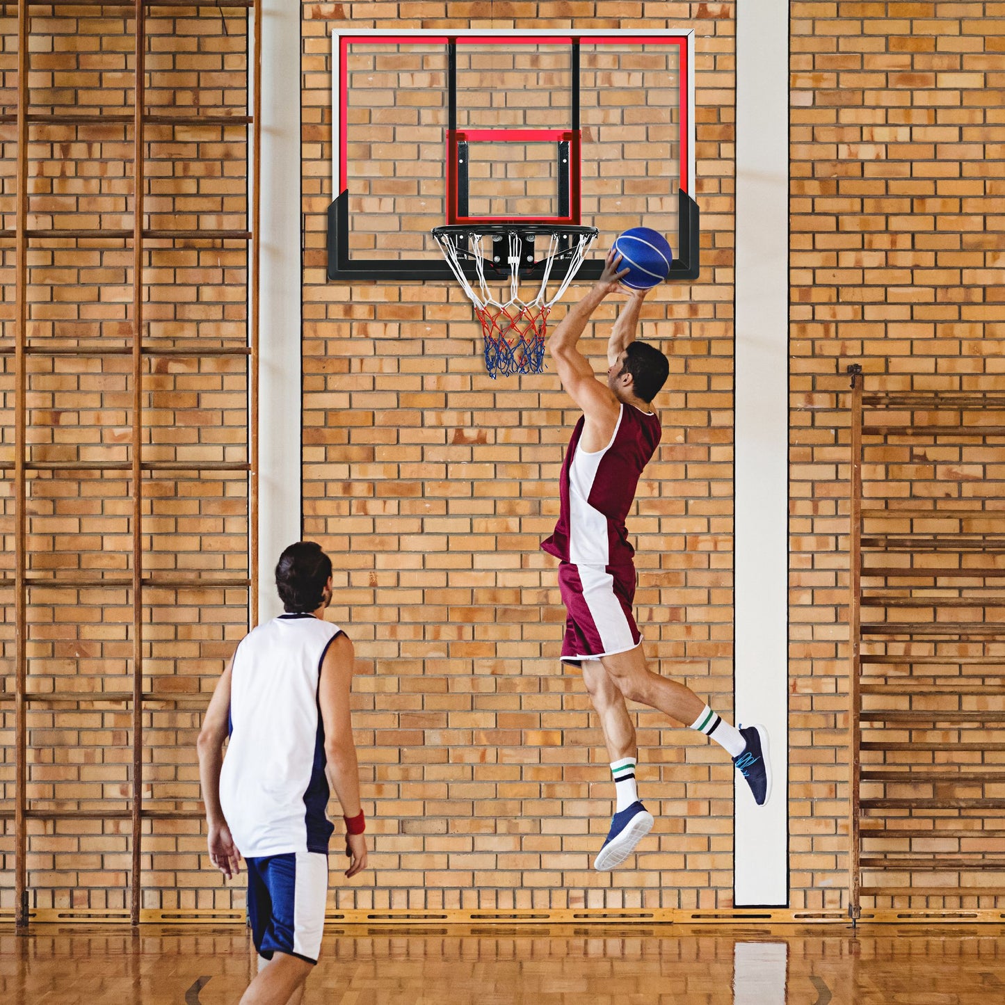 Soozier Wall Mounted Basketball Hoop with 43'' x 30'' Shatter Proof Backboard, for Indoor and Outdoor, Black