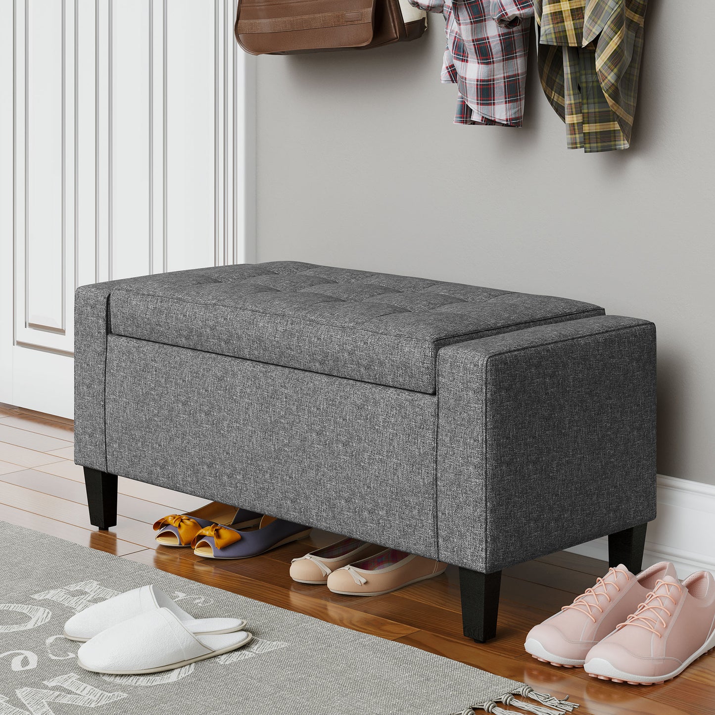 HOMCOM Storage Ottoman Bench Linen-Touch Fabric Tufted Chest Footstool with Flipping Top, Beige