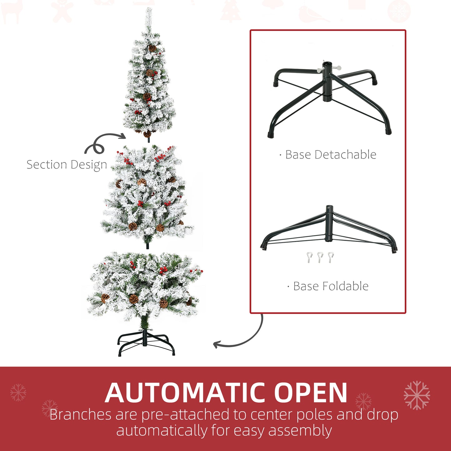 HOMCOM 9-foot Pencil Snow Flocked Artificial Christmas Tree with 1350 Pine Realistic Branches, Pine Cones, Red Berries, Auto Open, Green