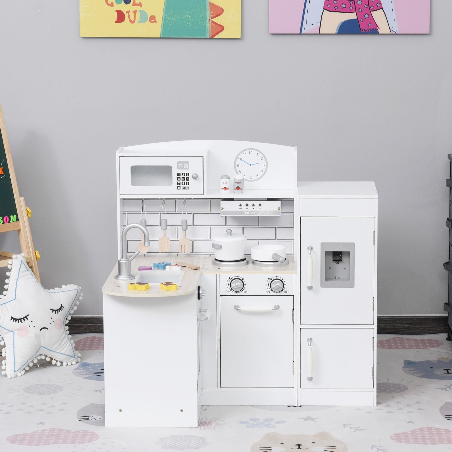 Qaba Kids Kitchen Play Cooking Toy Set for Children with Drinking Fountain, Microwave, Accessories, White