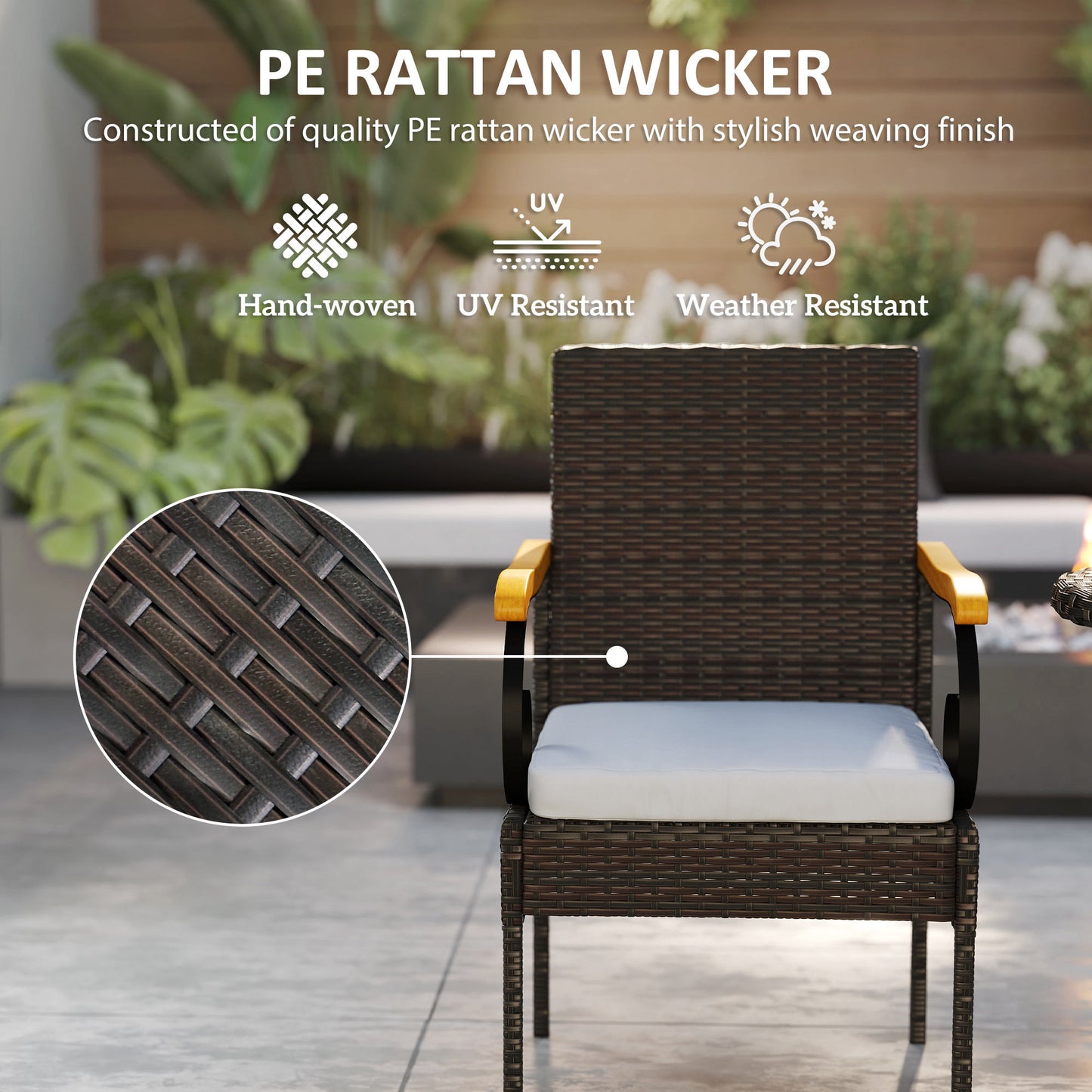 Outsunny Set of 2 Rattan Outdoor Dining Chairs, Wicker Patio Chairs with Removable Cushion, Acacia Wood Armrests, Light Grey