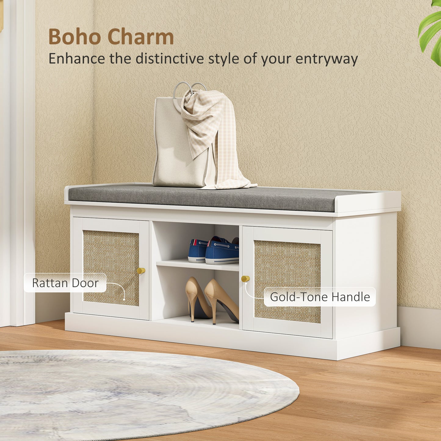 HOMCOM Shoe Bench with Padded Cushion, Boho Entryway Bench with Rattan Doors and Adjustable Shelves, Holds 9 Pairs, White
