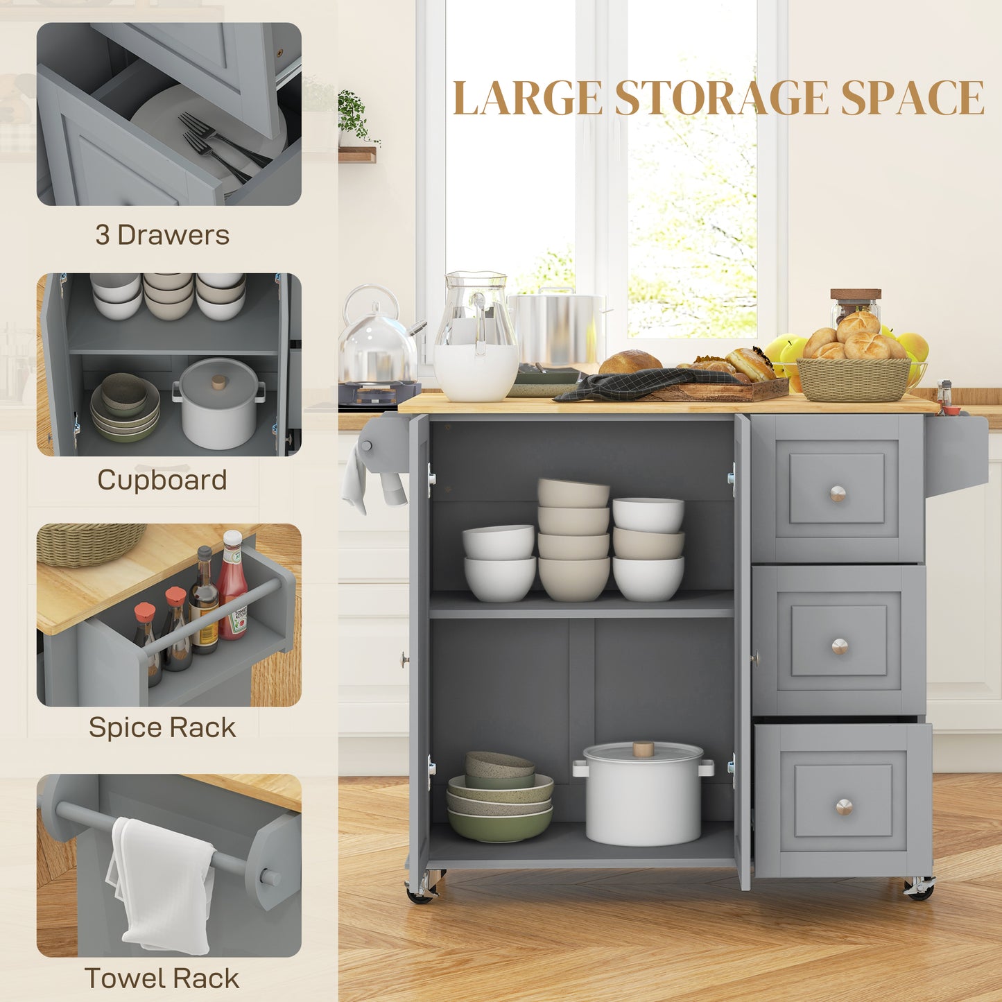 HOMCOM Kitchen Island with Drop Leaf, Rolling Kitchen Cart on Wheels with 3 Drawers, Cabinet, Natural Wood Top, Spice Rack and Towel Rack, White