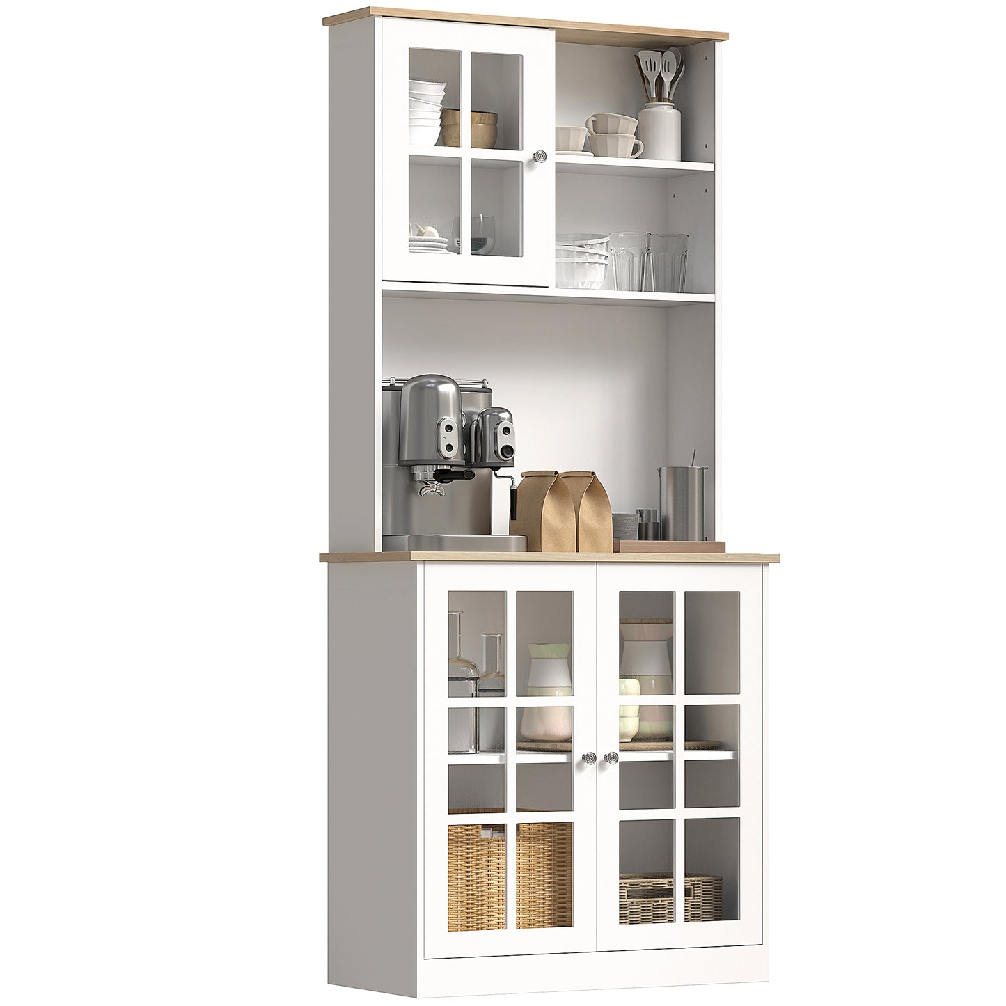HOMCOM Kitchen Buffet with Hutch, Storage Pantry with 3 Cabinets, 2 Open Shelves and Large Countertop, Black