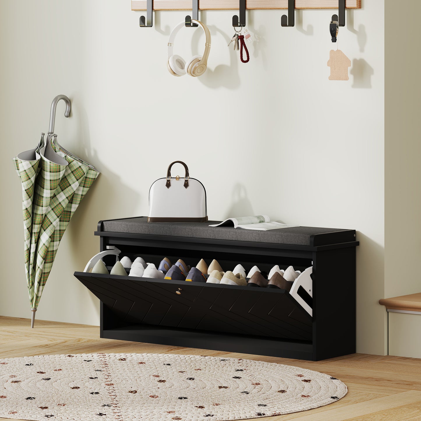 HOMCOM Shoe Storage with Seat, Upholstered Hallway Bench, Shoe Bench with Flip Drawer, Adjustable Shelf for 8 Pairs of Shoes