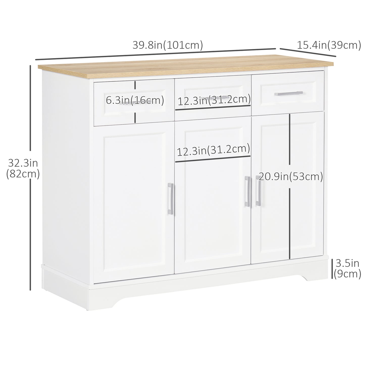 HOMCOM Sideboard Buffet Cabinet with 3 Drawers and Adjustable Shelves, Coffee Bar Cabinet for Kitchen, Dining Room, White