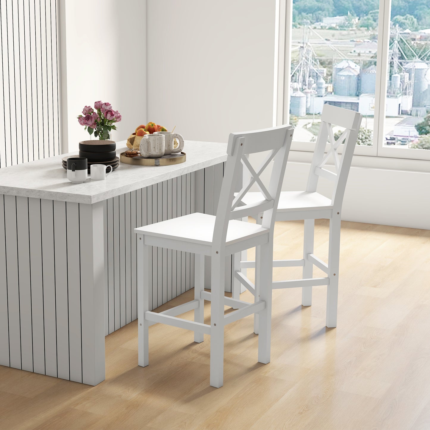 HOMCOM Counter Height Stools Set of 2, Farmhouse Bar Stools with Backs, Solid Wood Counter Stools for Kitchen Island