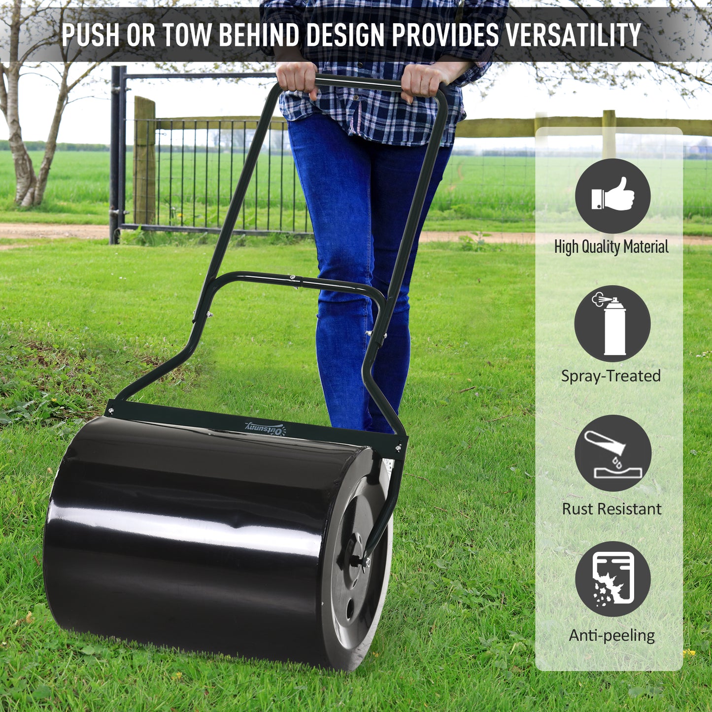 Outsunny 22" Push/Tow Behind Lawn Roller, Heavy Duty Sod Drum Roller Filled with 12 Gal Water/Sand, Grass Flattener for Yard, Patio, Park, Black