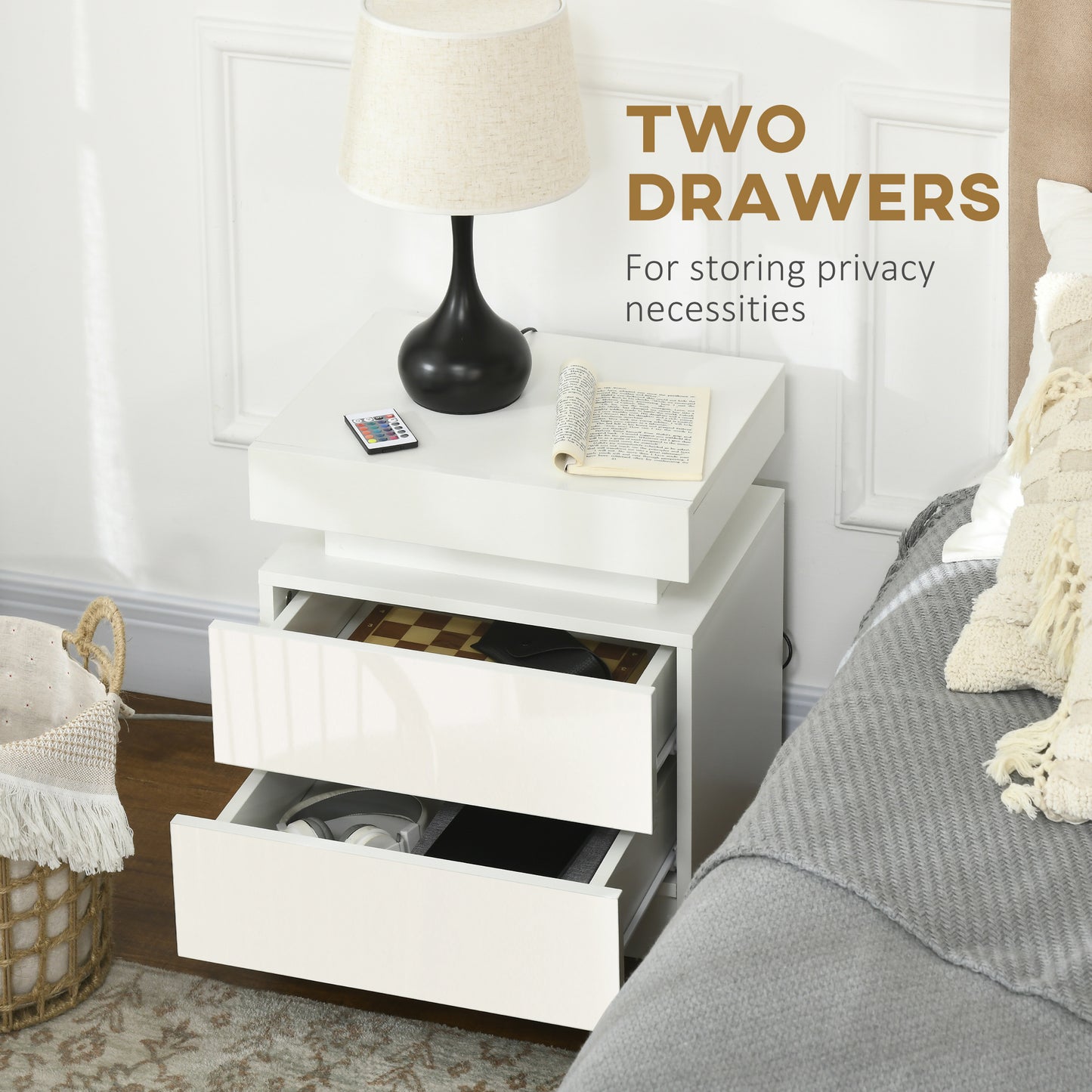 HOMCOM Nightstand, Bedside Table with LED Lights and 2 Drawers for Bedroom, Living Room, White