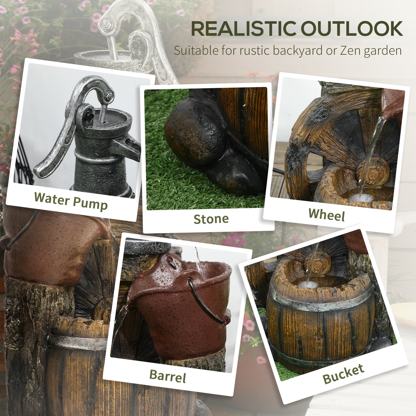 Outsunny Rustic Waterfall Fountain with Old Fashion Pump Barrel Wheel, 3-Tier Cascading Outdoor Fountain with Adjustable Flow, Decorative Water Feature for Zen Garden, Deck, Porch