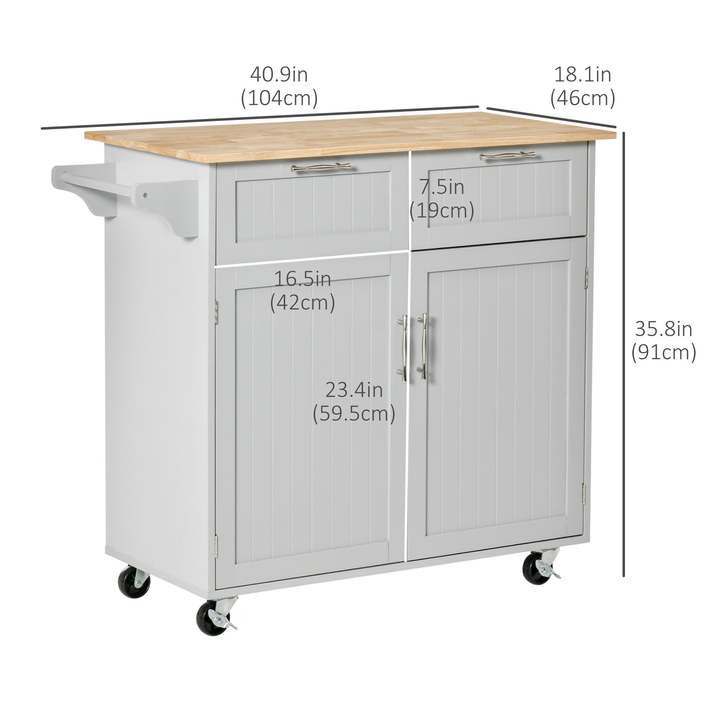 HOMCOM Rolling Kitchen Island with Storage Drawers, Kitchen Cart with Rubber Wood Top, Cabinet & Towel Rack, White