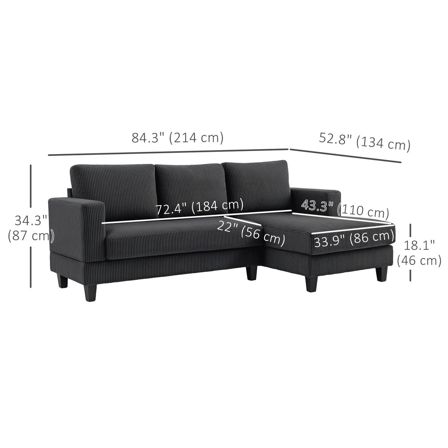 HOMCOM L Shaped Couch, L Shape Sofa with Chaise Lounge and Spring Cushion for Living Room, Bedroom, Grey