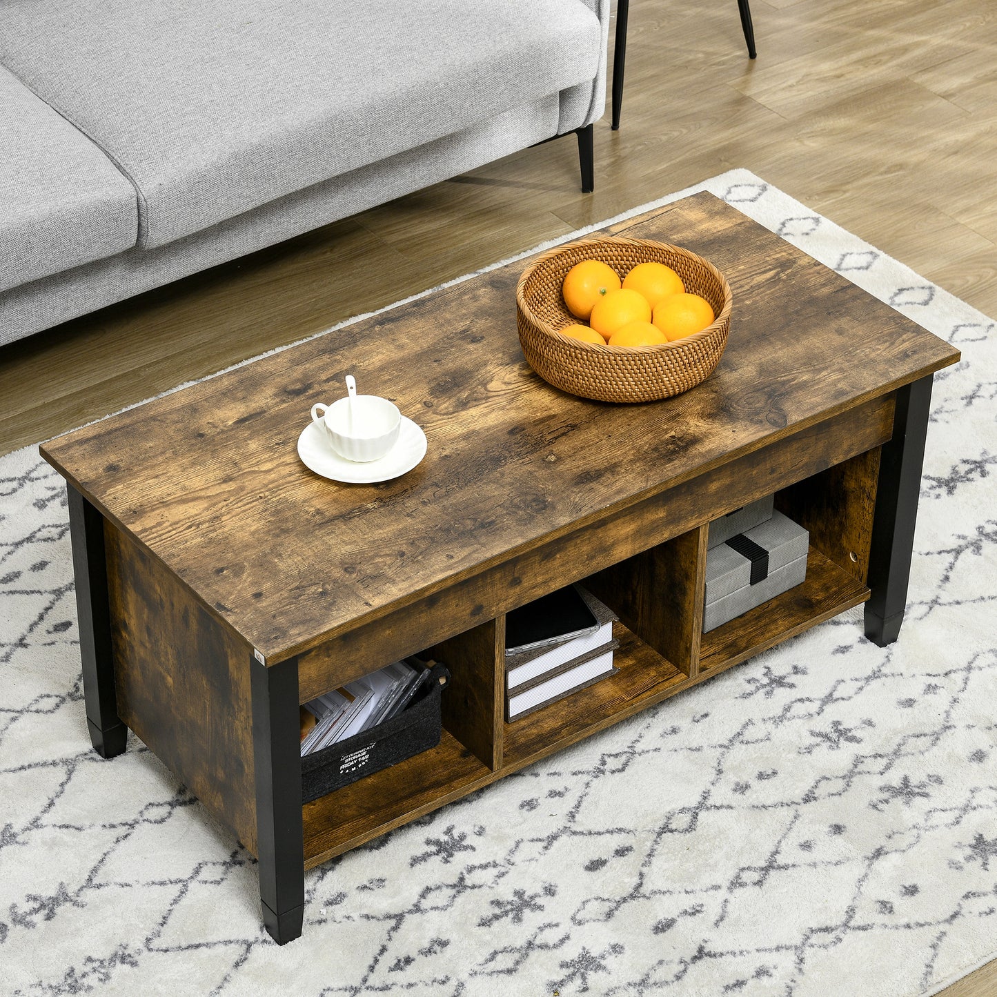 HOMCOM Lift Top Coffee Table with Hidden Storage Compartment and 3 Lower Shelves, Pop-Up Center Table for Living Room, Espresso