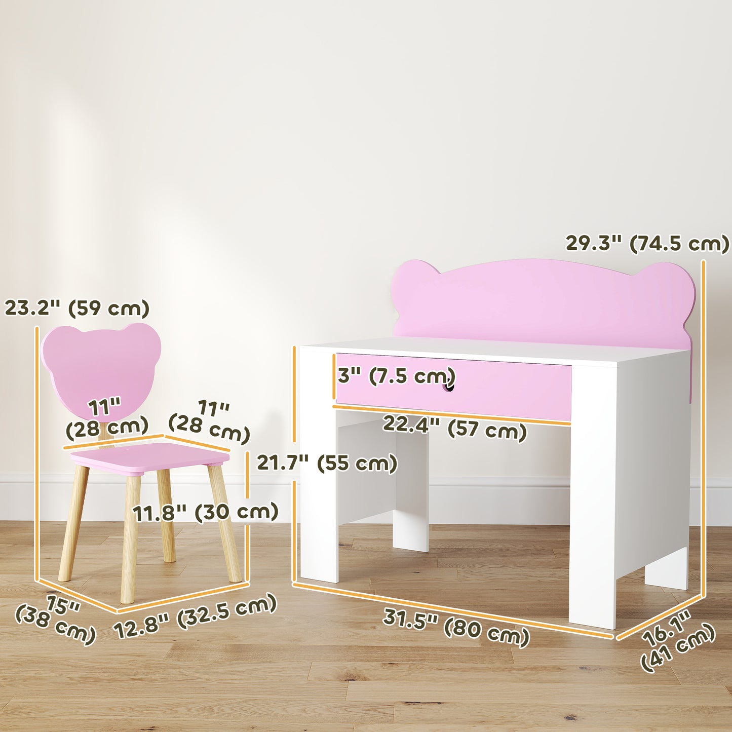Qaba Kids Desk and Chair Set with Drawer for Drawing, Reading, Bear Theme Children Furniture for Bedroom, Daycare, Pink