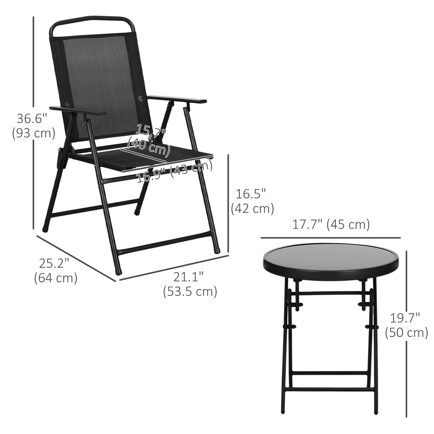 Outsunny 3 Pieces Bistro Set, Foldable Patio Furniture Set with Mesh Chairs, Glass Table for Garden, Balcony, Charcoal Grey