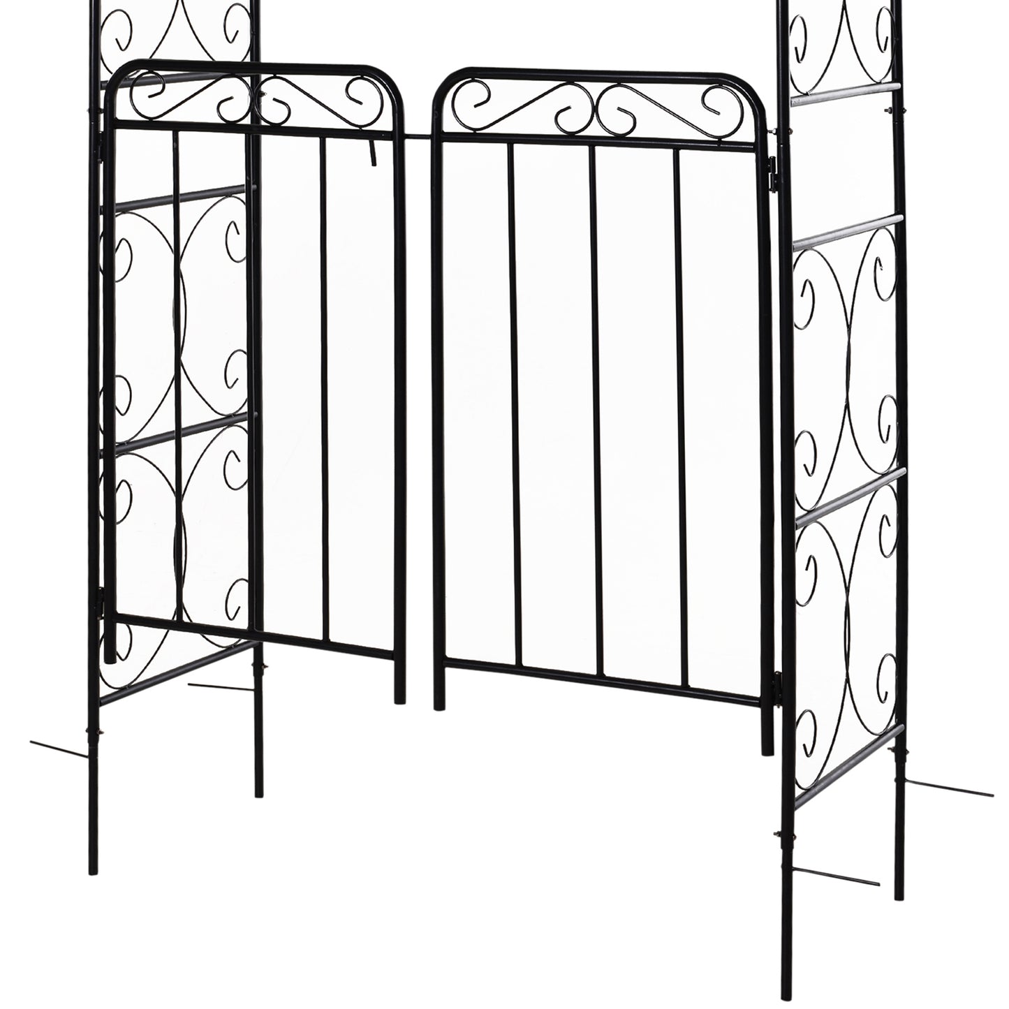 Outsunny 7.2FT Metal Garden Arbor Arch with Double Doors, 2 Side Planter Baskets, Climbing Vine Frame, Black