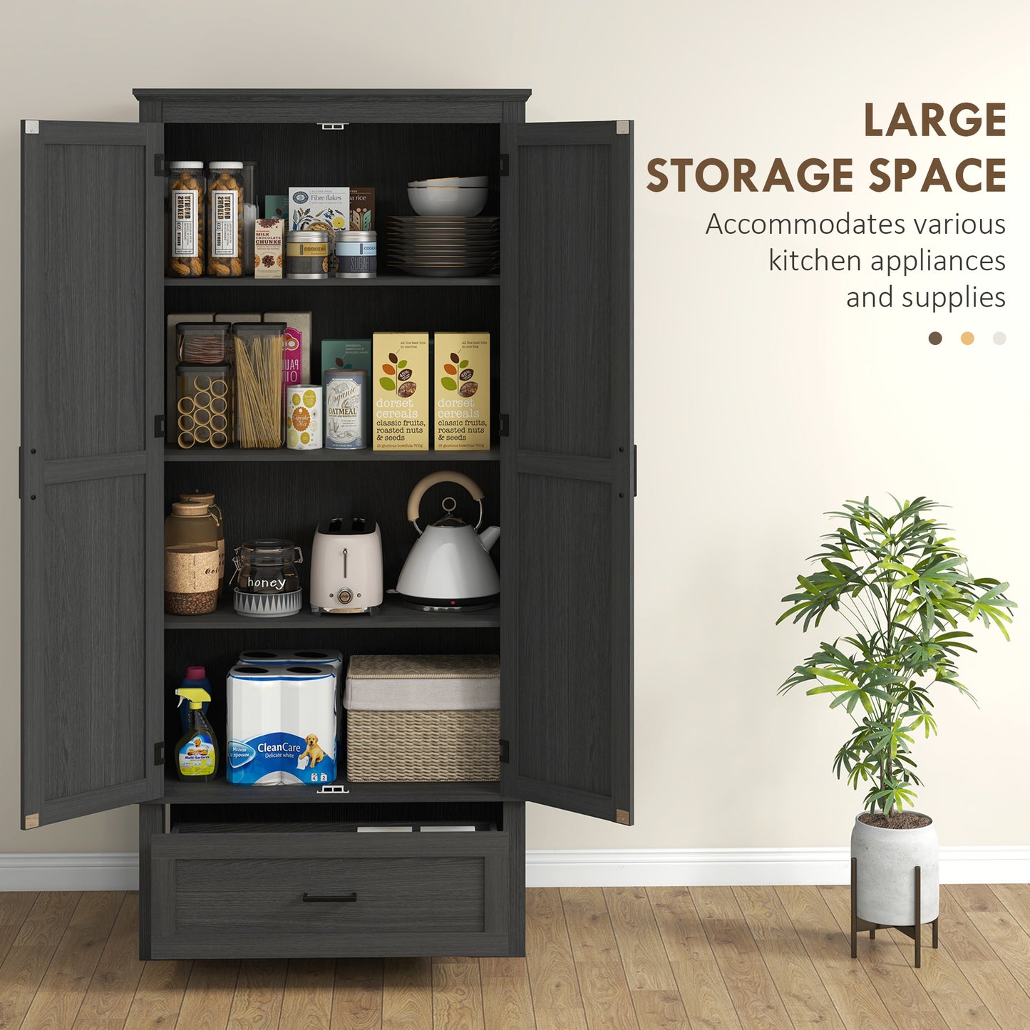 HOMCOM 69" Tall Farmhouse Kitchen Pantry Cabinet with 2 Doors, Drawer and Adjustable Shelves, Black Wood Grain