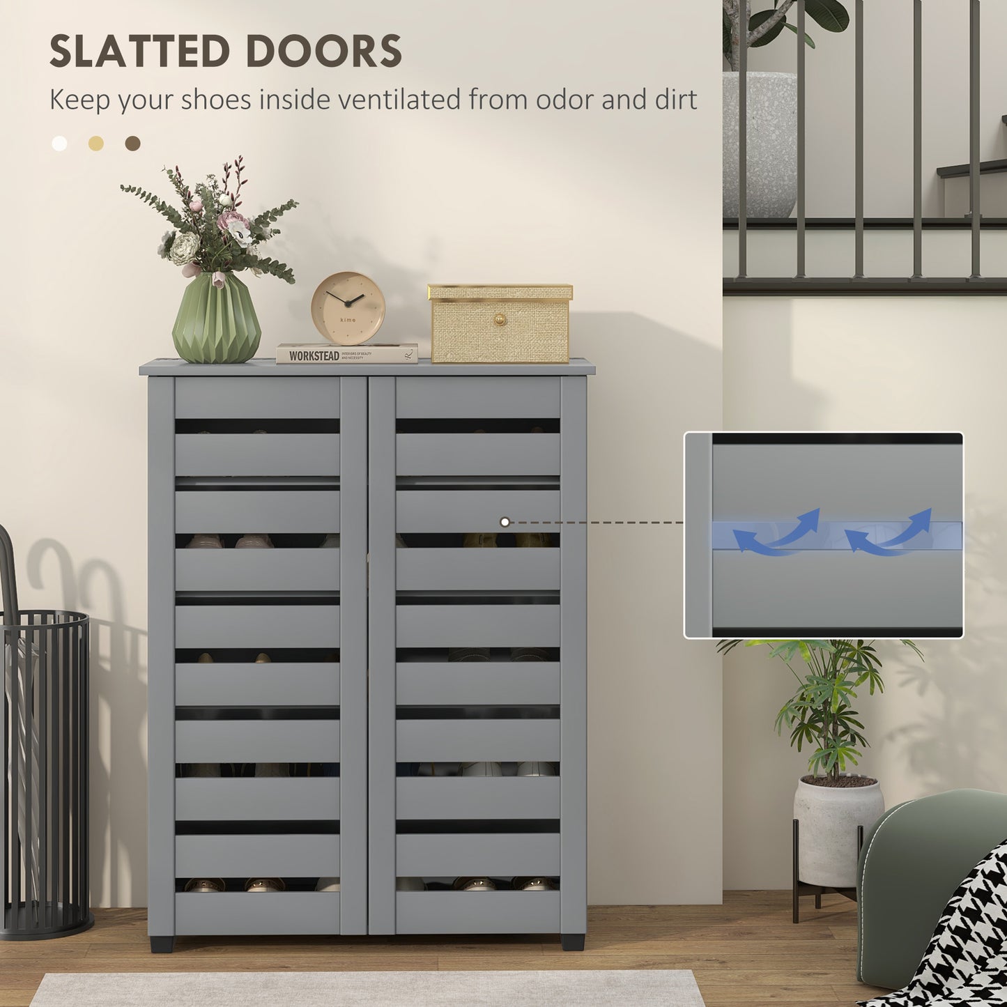 HOMCOM Shoe Storage Cabinet, Shoe Cabinet with 2 Slatted Doors for 15 Pairs of Shoes, Black