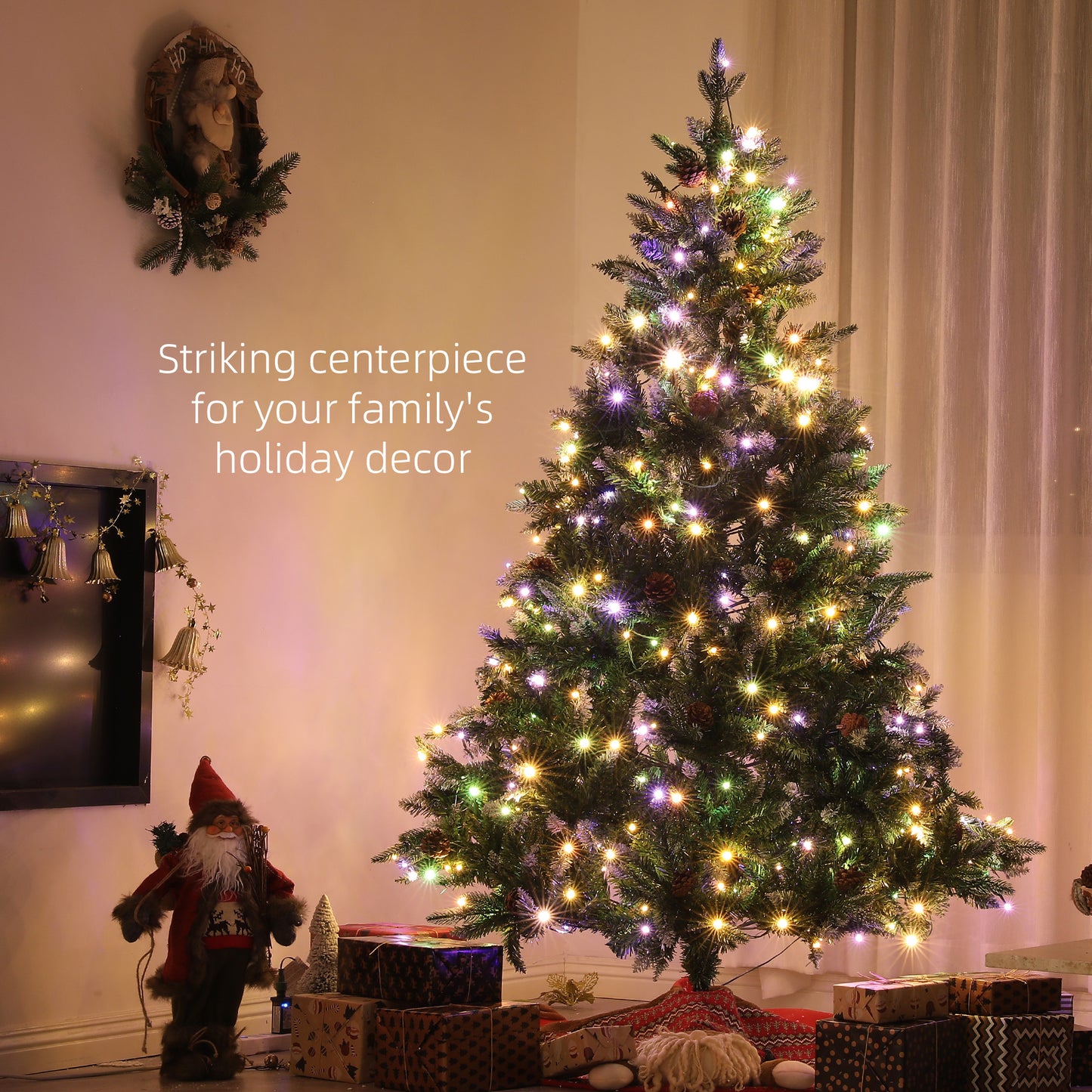 HOMCOM 6 Foot Prelit Artificial Christmas Tree with Dual Colour LED Light, Hinged Xmas Tree for Home Office Holiday