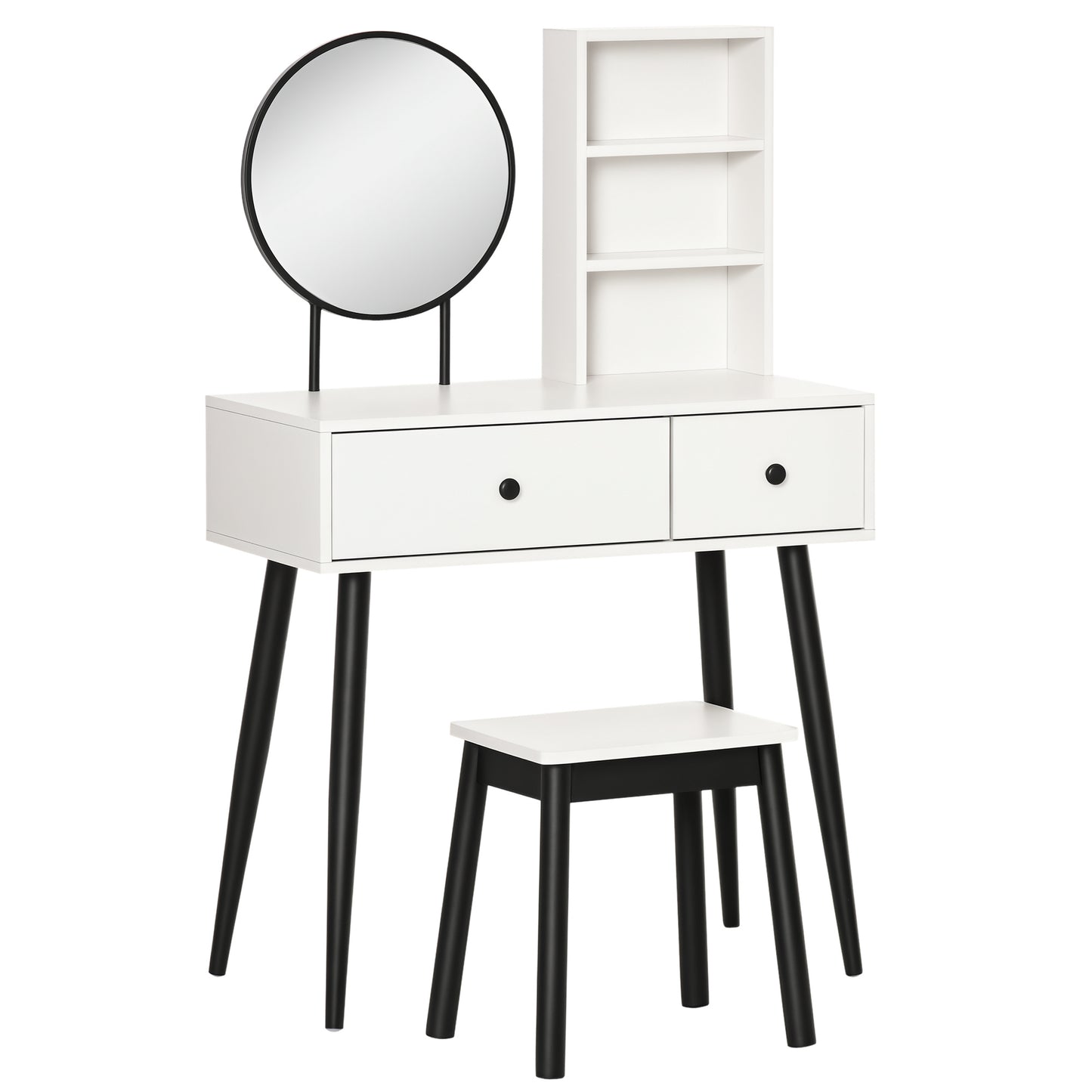 HOMCOM Vanity Desk with Stool, Makeup Vanity with Mirror, Wood Dressing Table with Storage Drawers and Shelf for Bedroom, White and Black