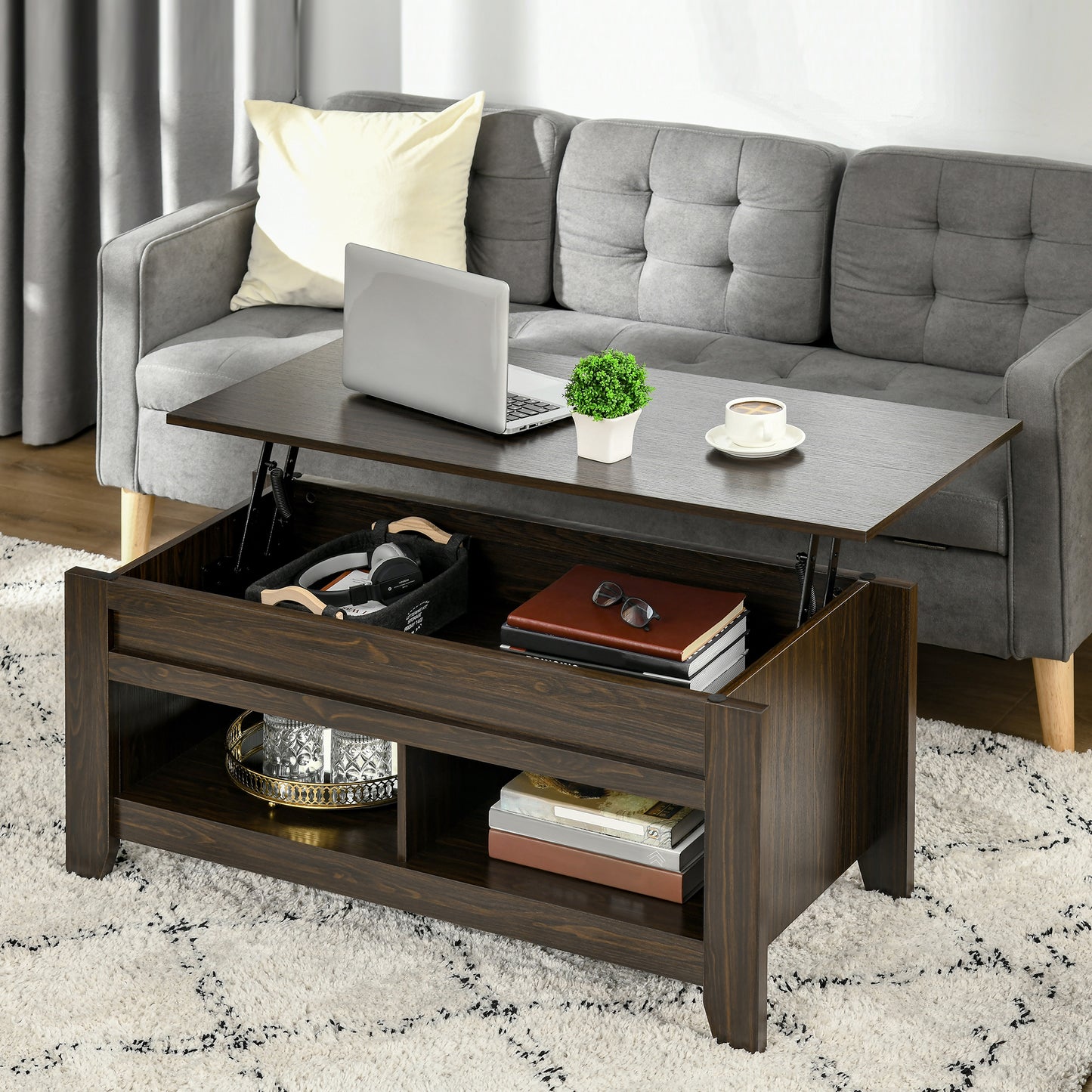 HOMCOM Lift Top Coffee Table with Hidden Storage Compartment and Open Shelves, Lift Tabletop Pop-Up Center Table for Living Room, White