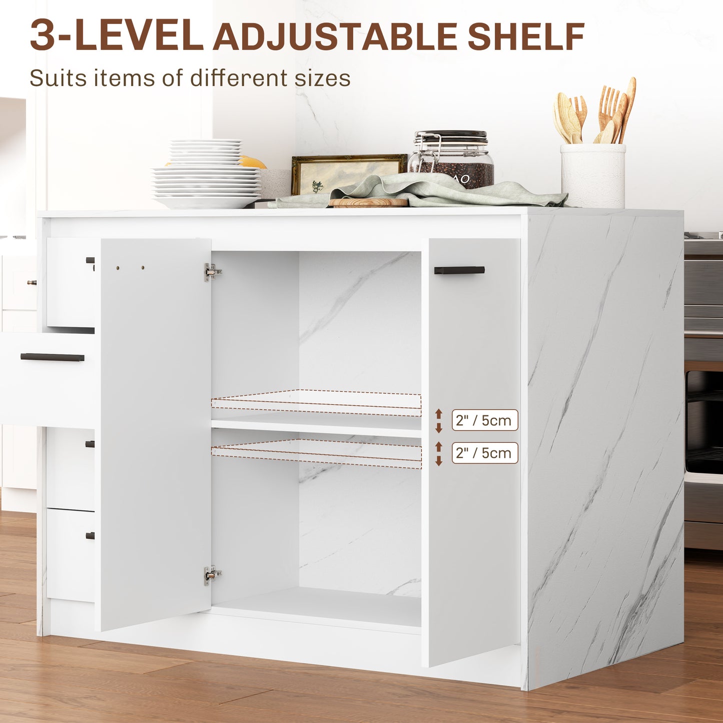 HOMCOM Kitchen Island with Storage Cabinet, 4 Drawers and Adjustable Shelf for Dining Room, Faux Marble Effect and White