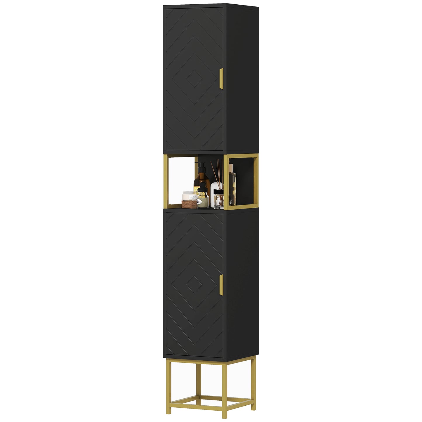 kleankin Tall Bathroom Storage Cabinet, Modern Narrow Bathroom Cabinet with Diamond Chevron Pattern and Adjustable Shelf, White