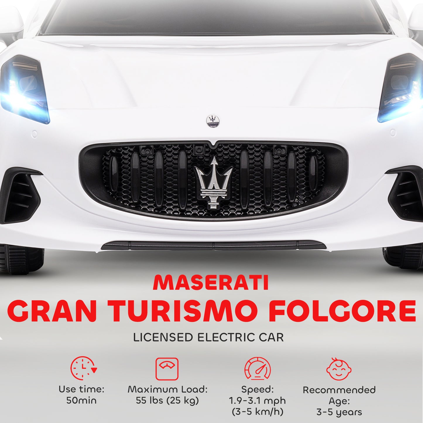 Qaba 12V Maserati Gran Turismo Licensed Kids Electric Car w/ Remote Control, Soft Start, LED Lights, Music, Horn, MP3, White