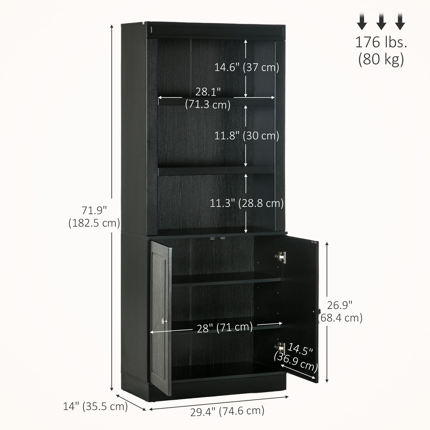 HOMCOM 72" Kitchen Buffet with Hutch, Freestanding Cupboard, Pantry with 6-Tier Shelving, 2 Doors Cabinet with Adjustable Shelves, White, Wood Grain