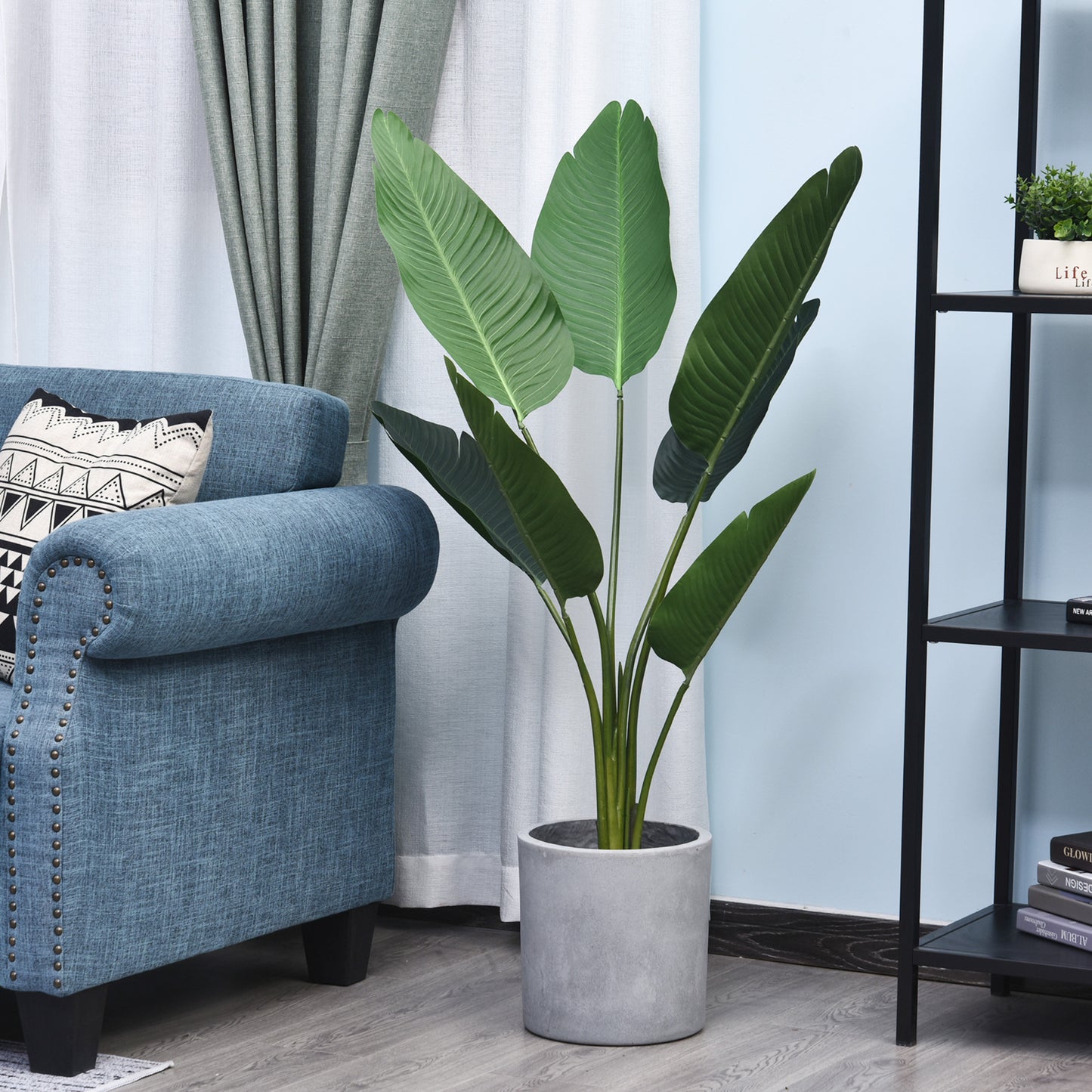 Outsunny 4FT Artificial Bird of Paradise Plant, Fake Tropical Palm Plant with 7 Banana Leaves in Pot, Faux Plant for Indoor , Green