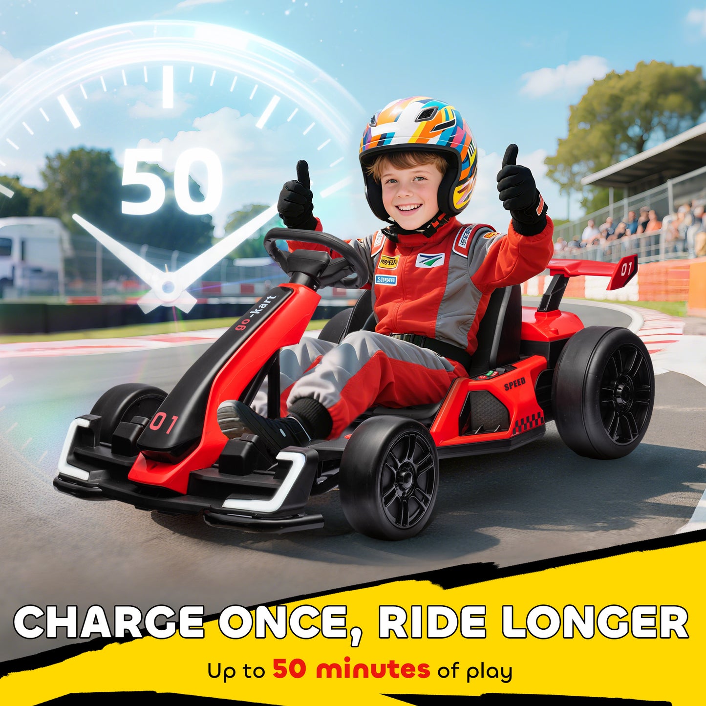 Aosom 24V Electric Go Kart, Battery Powered Kids Drift Kart with Adjustable Seat, Seat Belt, Horn, Music, Light, White