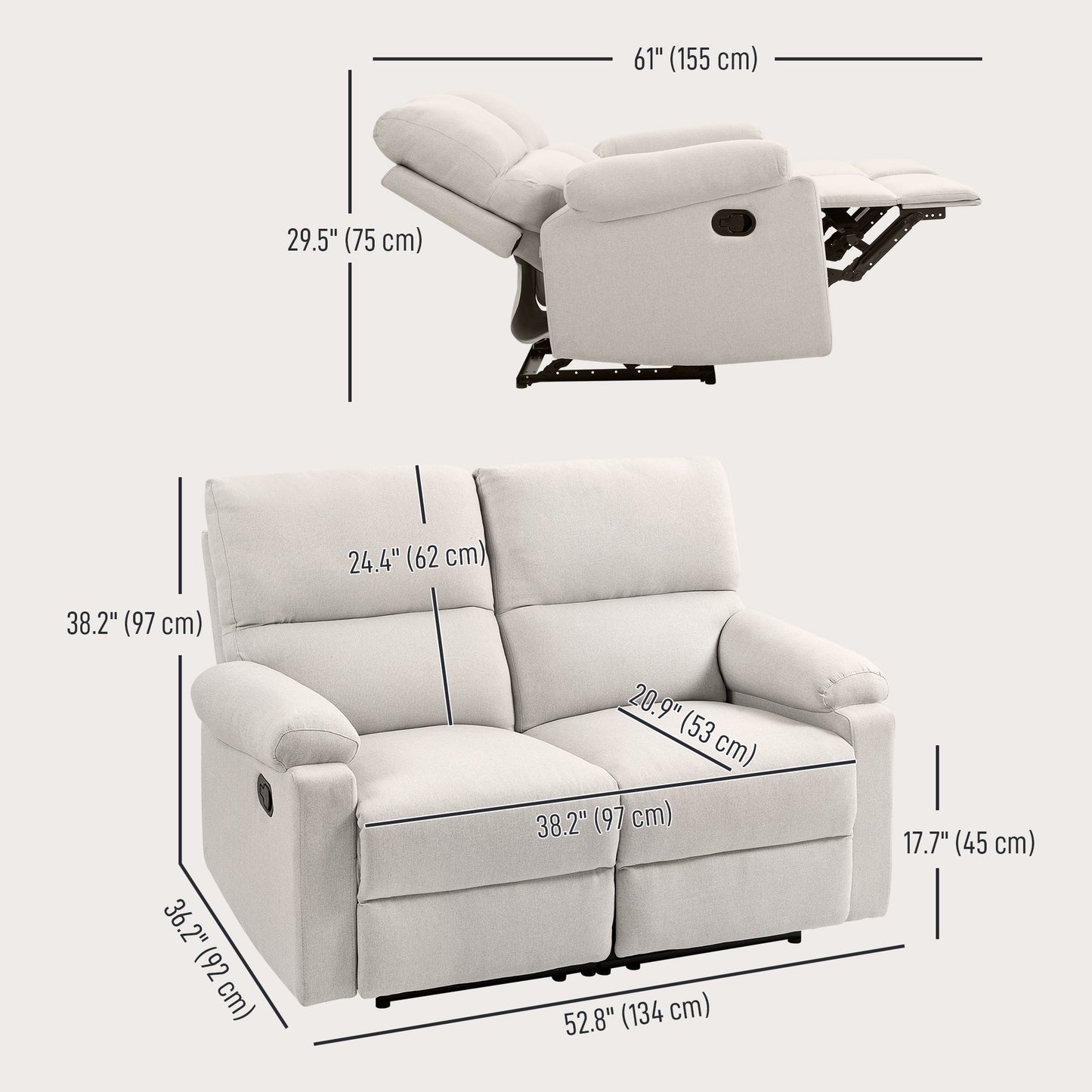 HOMCOM 2 Seater Reclining Chair, Loveseat Recliner Sofa with Footrest and Split Backrest, Dark Grey