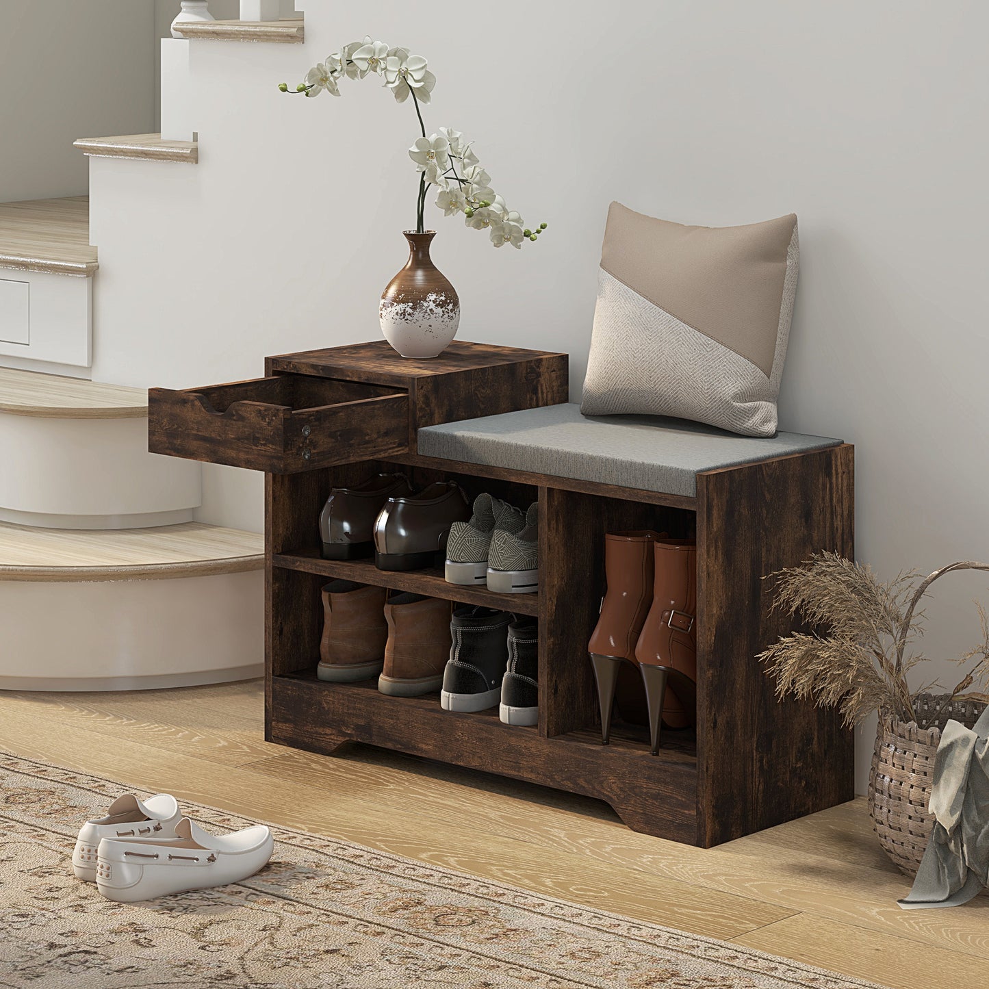 HOMCOM Upholstered Shoe Storage Bench, Hallway Shoe Storage with Seat, Drawer, 3 Open Shelves for Entryway, White