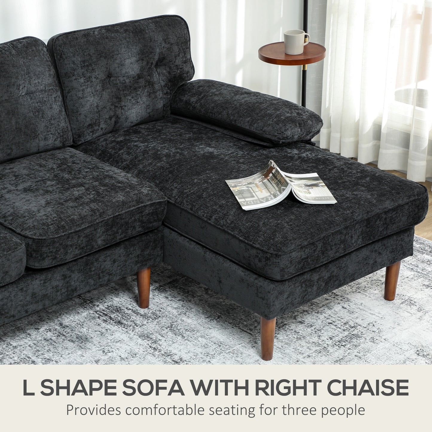 HOMCOM Modern Corner Couch with Right Chaise Lounge, Tufted 3-Seater Sofa with Wooden Legs for Living Room, Black