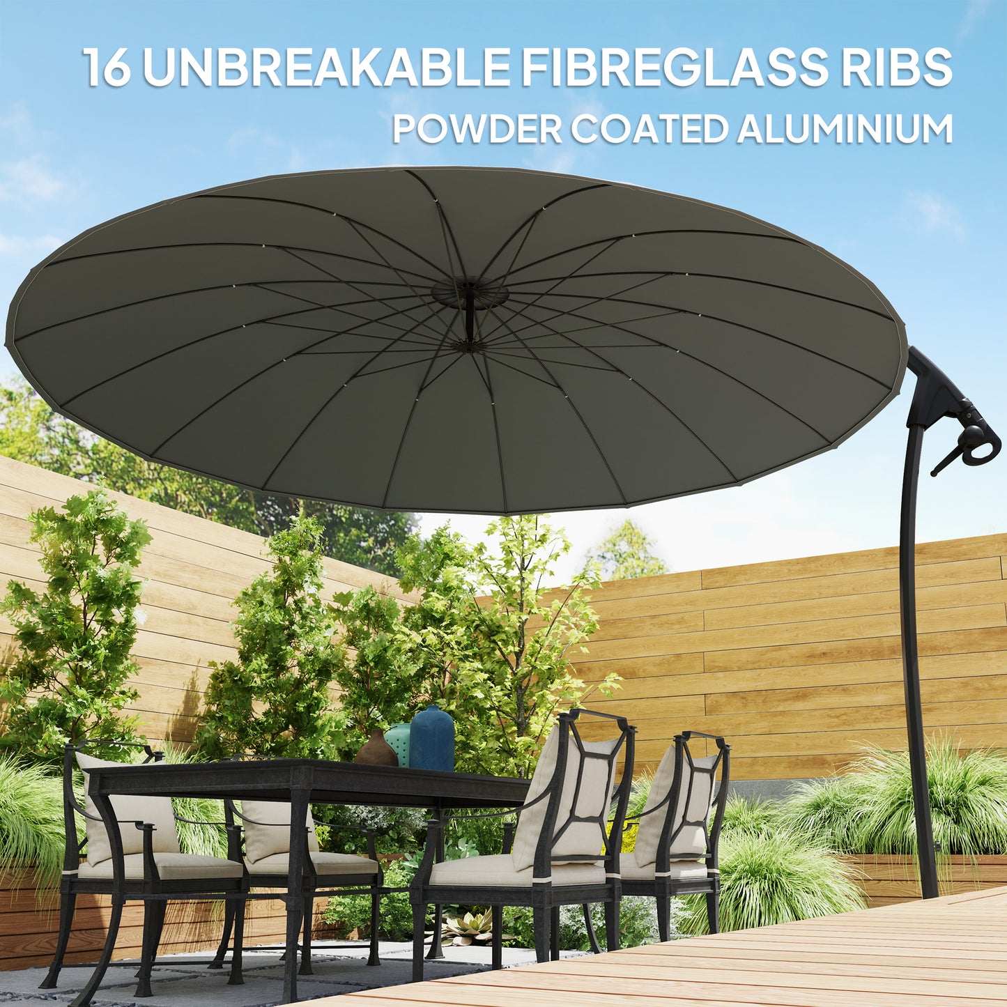 Outsunny 9FT Cantilever Umbrella with 16 Fibreglass Ribs, Offset Hanging Umbrella, Patio Umbrella with Crank and Cross Base, Grey