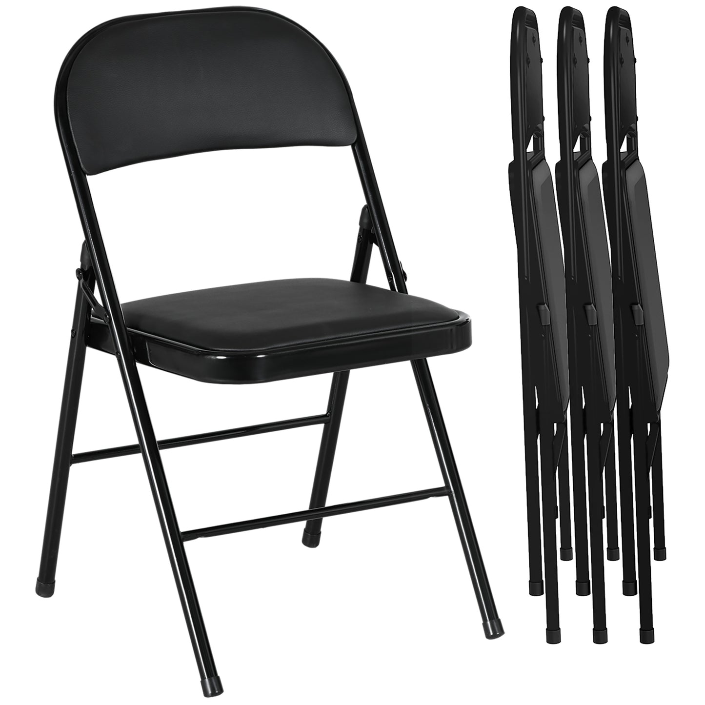 HOMCOM Set of 2 Metal Foldable Chairs, PU Leather Padded Folding Chairs with Cushion Seat and Open Back for Indoor, Black