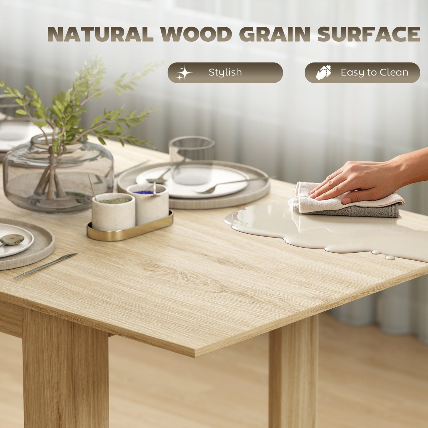 HOMCOM Modern Extendable Dining Table, 55.1 x 31.5 in, for 6-8 People, Expandable Dining Table for Kitchen, Natural Wood