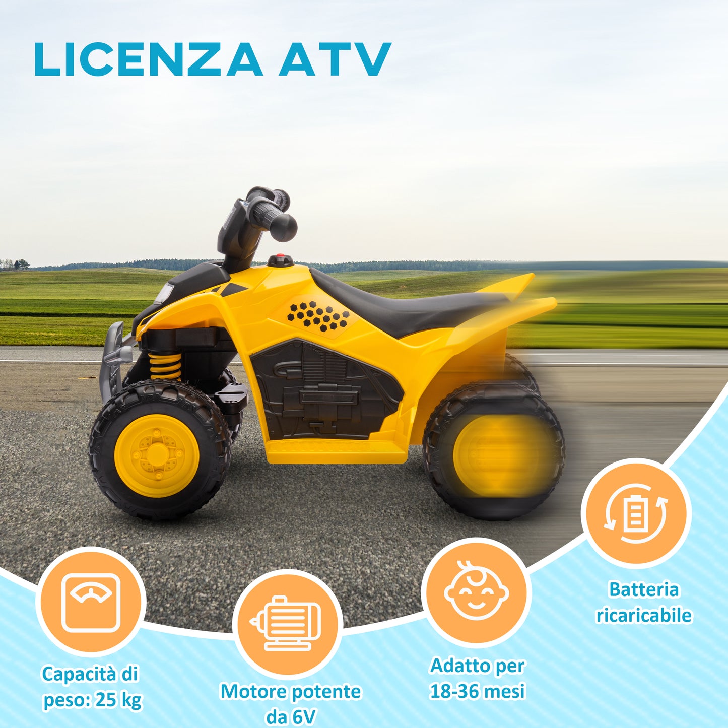 Qaba Licensed Kids ATV, 6V Electric Ride on Car for Kids with Horn, LED Headlights, for 18-36 Months, Yellow