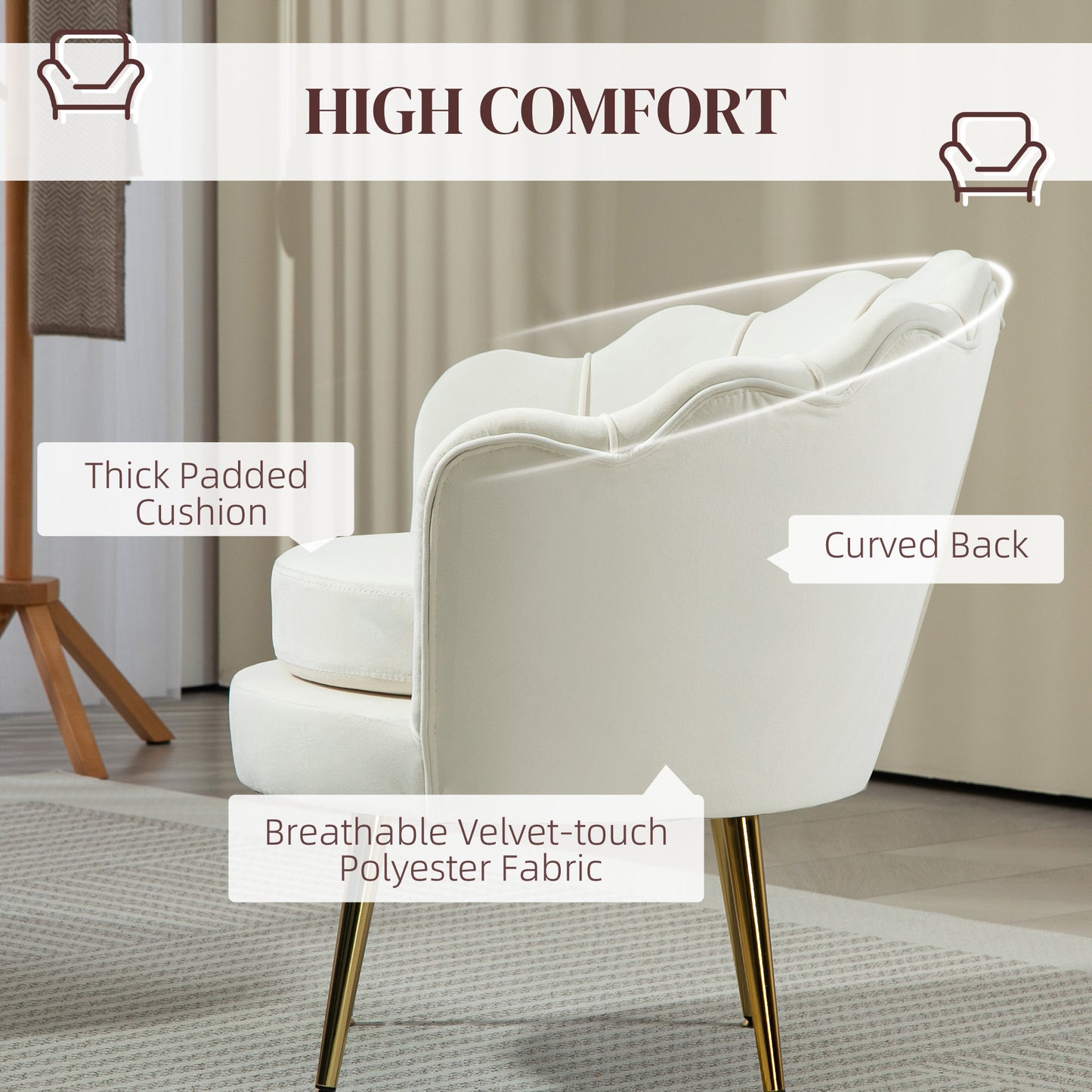 HOMCOM Modern Accent Chair, Velvet-Touch Fabric Leisure Club Chair with Gold Metal Legs for Bedroom, Blue
