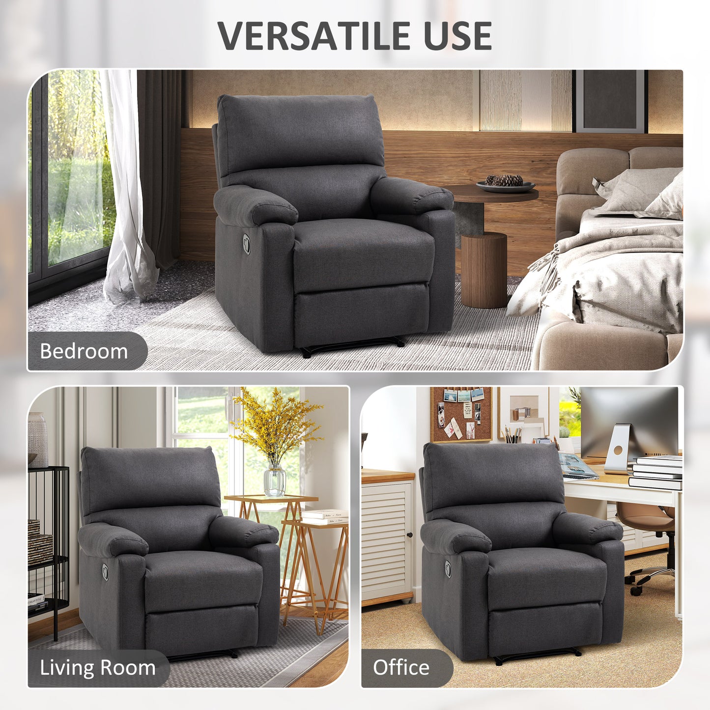 HOMCOM Recliner Chair, Manual Reclining Chair with Footrest, Padded Seat for Living Room, Bedroom, Study, Dark Grey