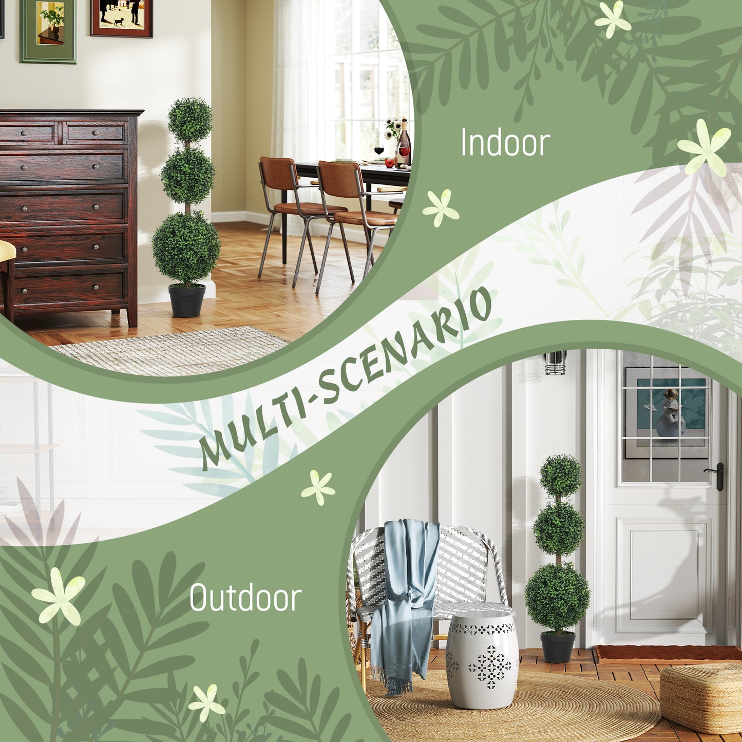 HOMCOM 2 Pack 40" Artificial Trees, Boxwood Topiary Ball Trees with Pot for Indoor, Outdoor, Home Office, Living Room, Green