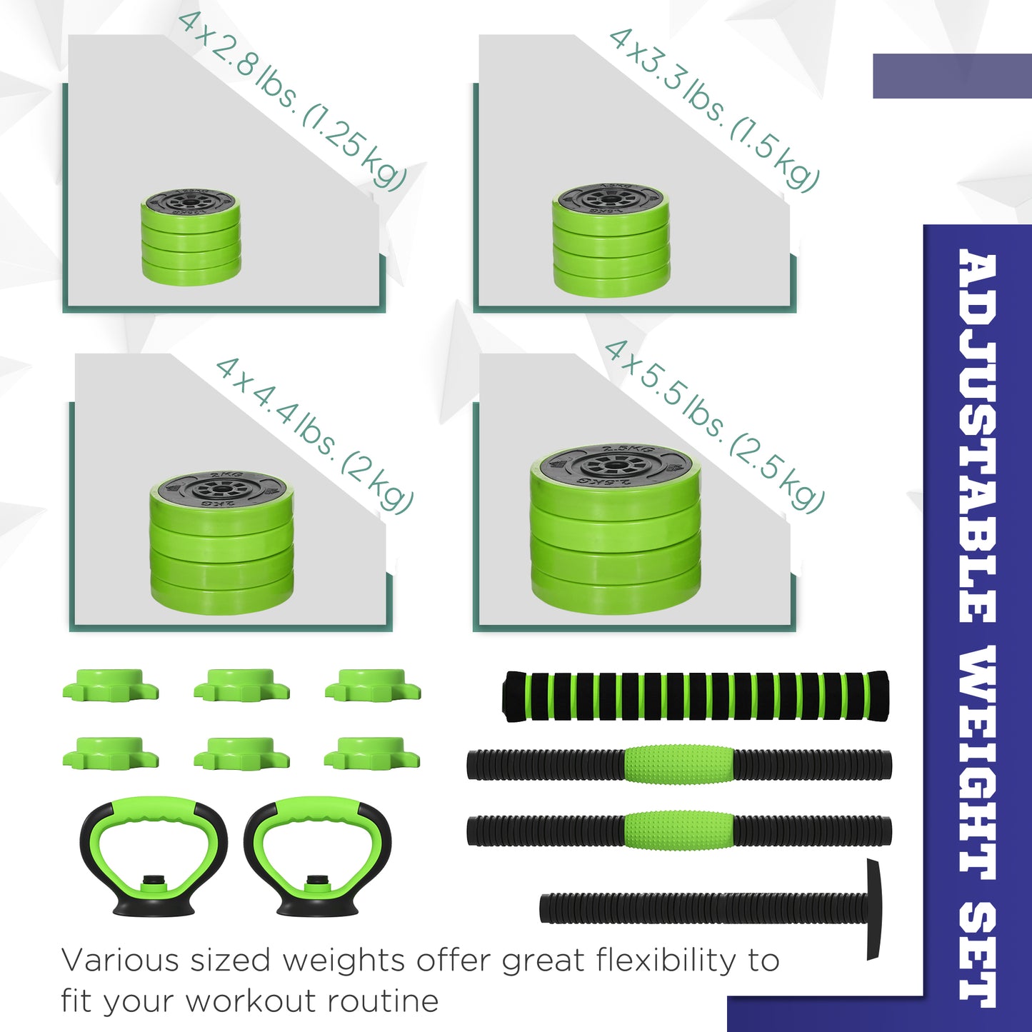 Soozier 88lbs 4-in-1 Adjustable Weight Dumbbell Set, Barbell, Kettlebell, Push Up Stand, Green